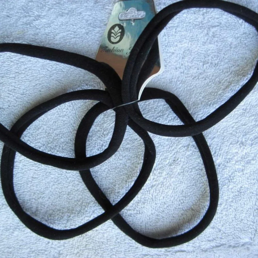 4 Plain Soft Black No Metal Elastic Fabric Ponytailer Hair Bands Shiny Sparkle